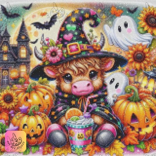 Artdiystudio Witchy Moo In Pumpkin Patch Diy Diamond Painting Kit Halloween Fun 7