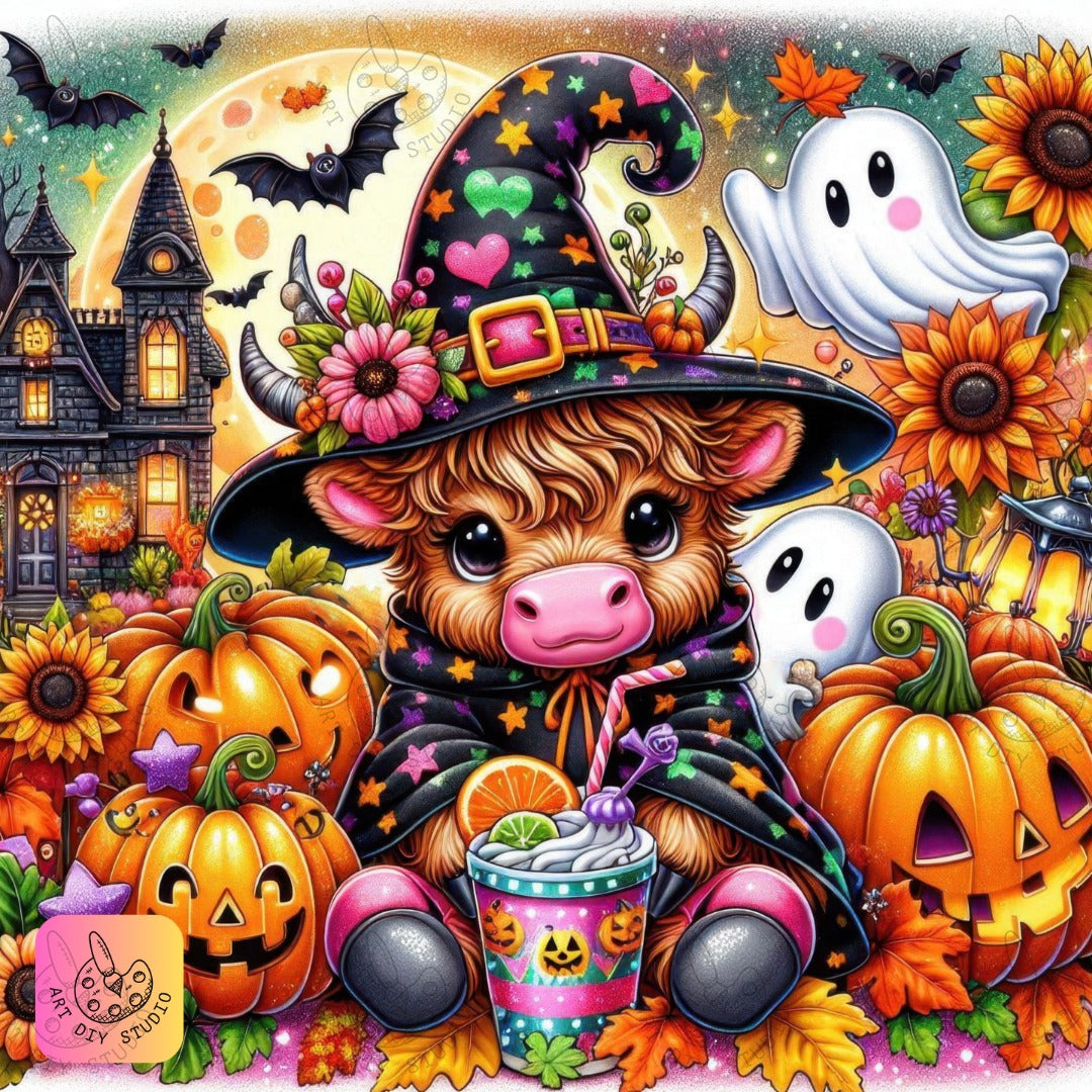 Artdiystudio Witchy Moo In Pumpkin Patch Diy Diamond Painting Kit Halloween Fun 8