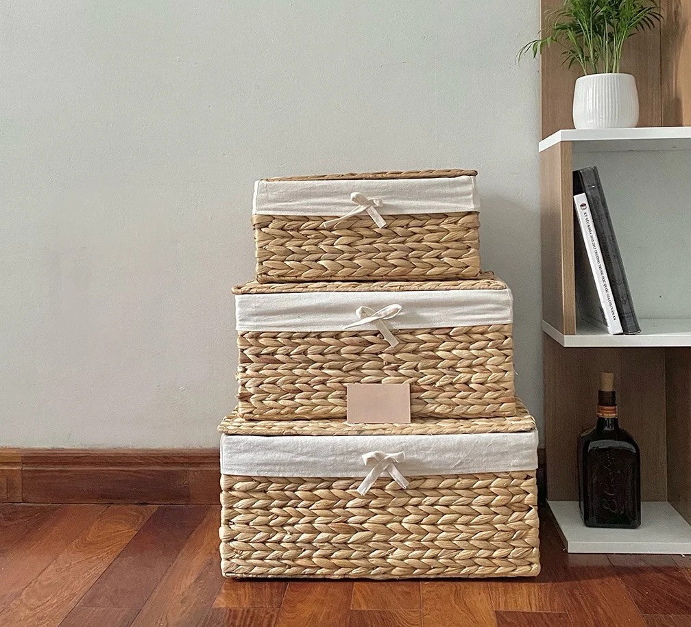 Handwoven Water Hyacinth Storage Basket – Rectangle with Handles (Set of 3 Sizes)