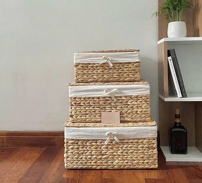 Handwoven Water Hyacinth Storage Basket – Rectangle with Handles (Set of 3 Sizes)
