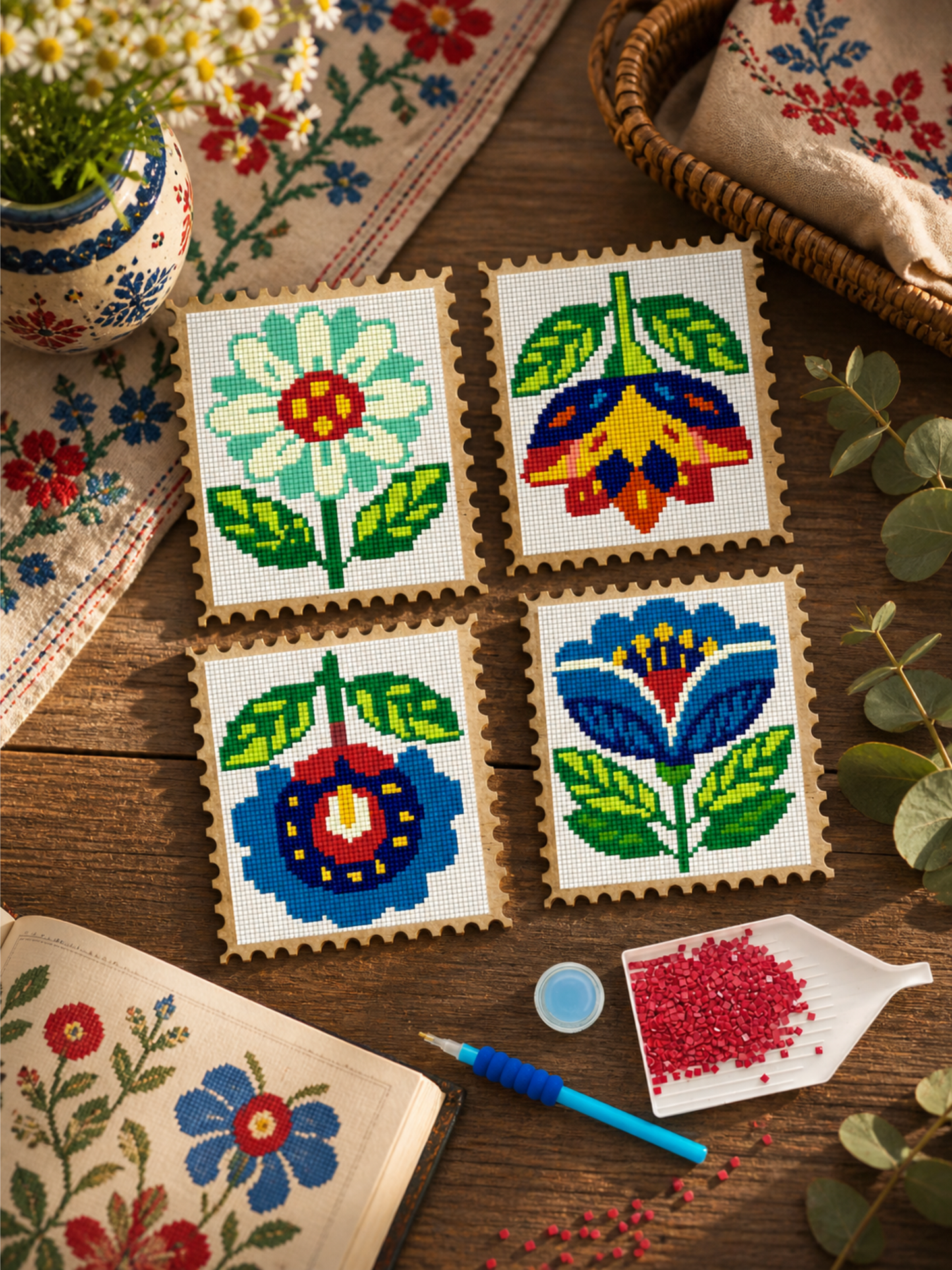 Wood Gem Minis™ - Folk Floral Stamps