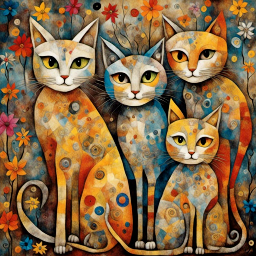 Abstract Watercolor Cats Family