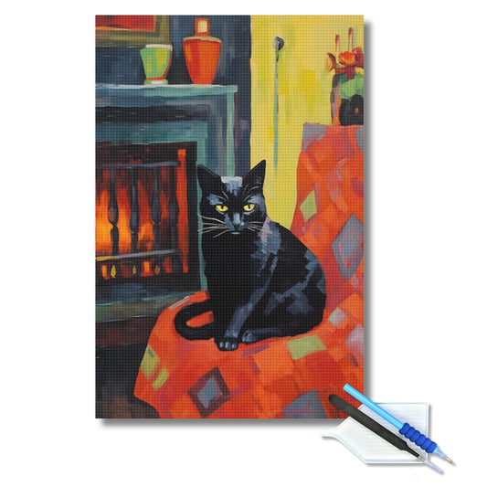 Black Cat by the Fireplace Diamond Painting Kit