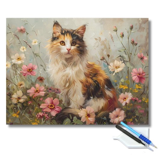 Calico Cat in Blooming Garden Diamond Painting Kit