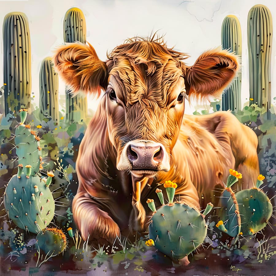 Desert Highland Cow with Cacti