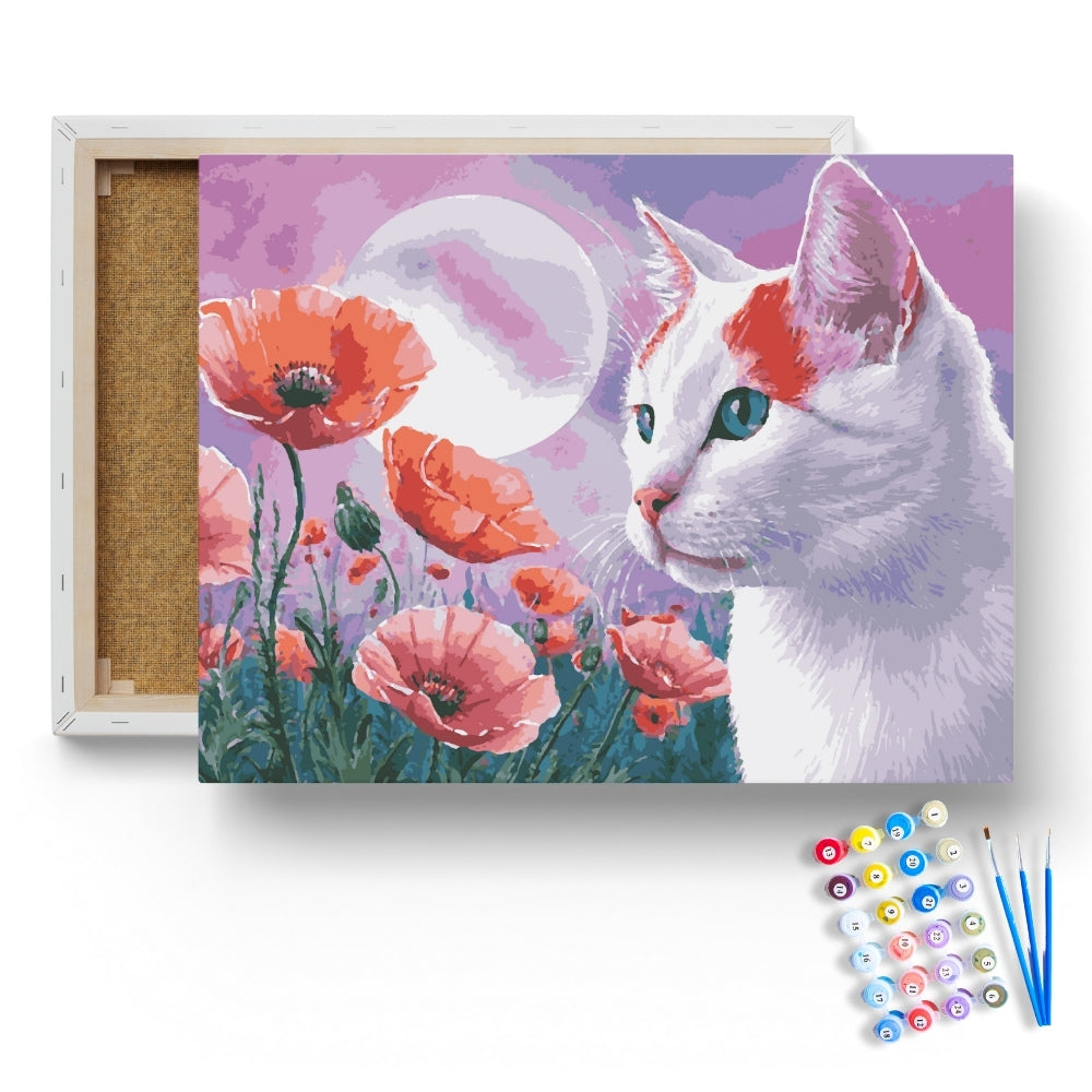 Moonlit Cat in a Field of Poppies Paint by Numbers Kit