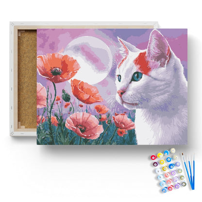 Moonlit Cat in a Field of Poppies Paint by Numbers Kit