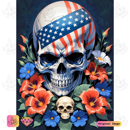 Artdiystudio Blooming Patriot Skull Diy Diamond Painting Kit A Vibrant Tribute To Freedom And Beauty