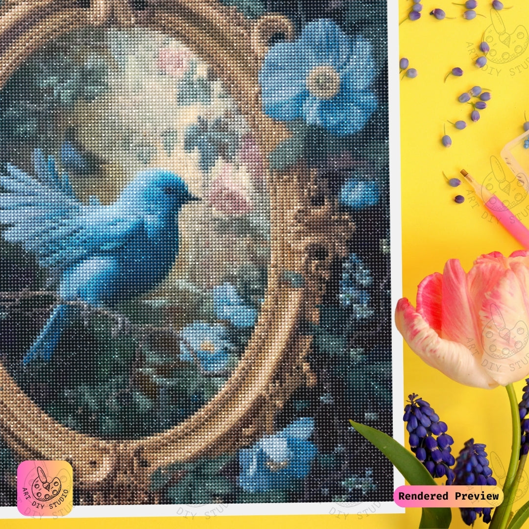 Artdiystudio Bluebird In Gilded Frame Diy Diamond Painting Kit A Masterpiece Of Vintage Elegance 4