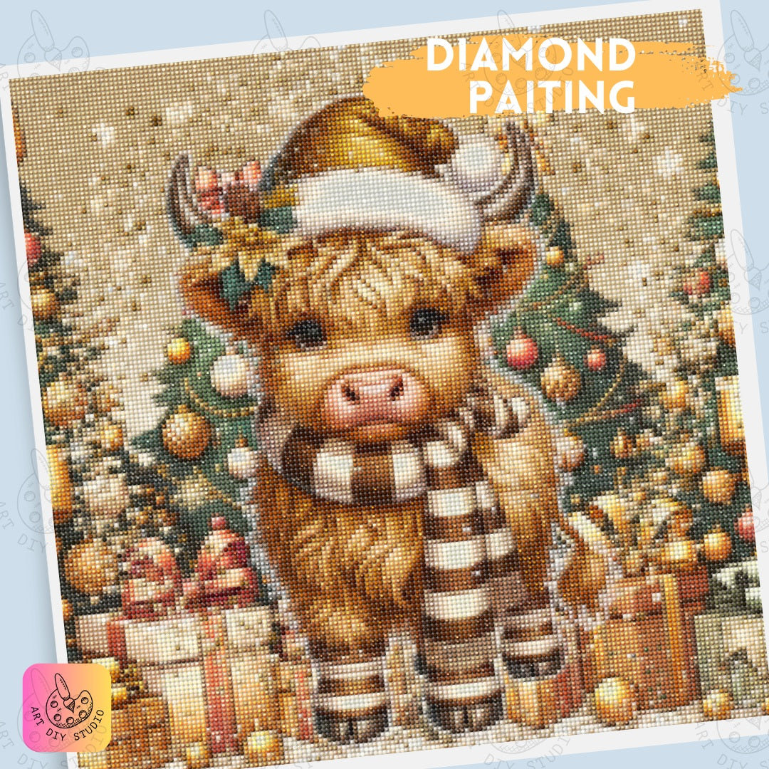 DIY Highland Cow Christmas Diamond Painting Kit Product Image Artdiystudio.com