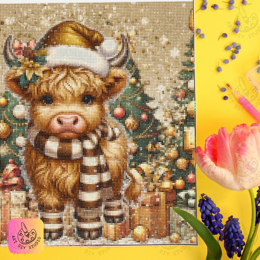 DIY Highland Cow Christmas Diamond Painting Kit Product Image Artdiystudio.com