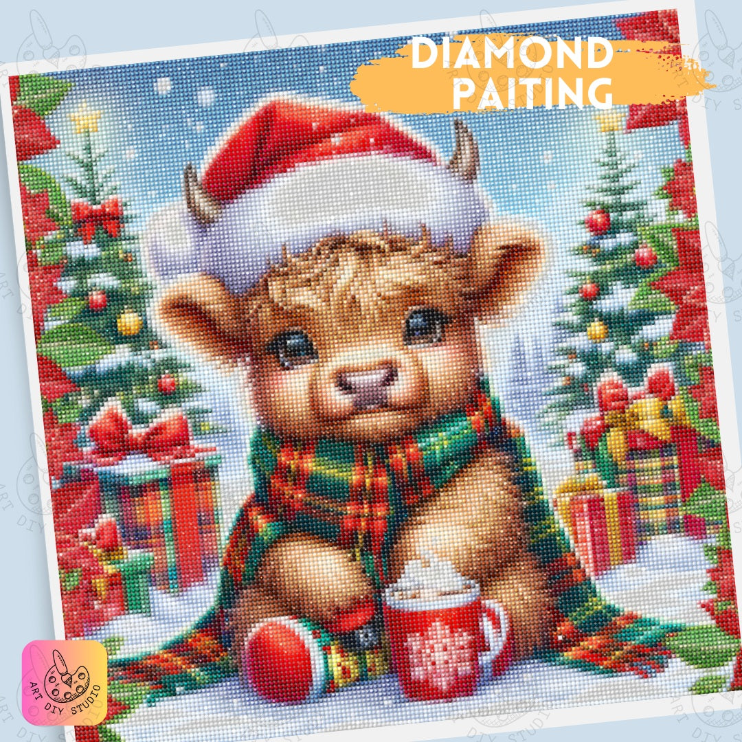 DIY Highland Cow Christmas Diamond Painting Kit Product Image Artdiystudio.com