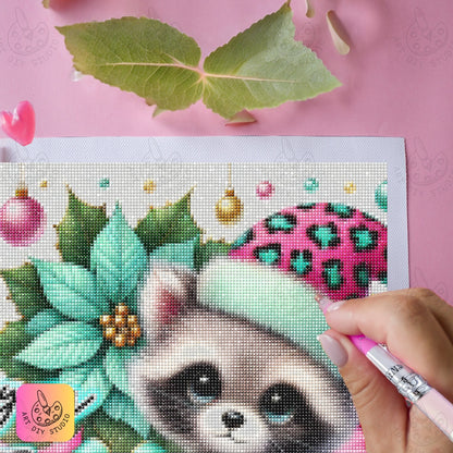 DIY Raccoon Christmas Diamond Painting Kit Product Image Artdiystudio.com