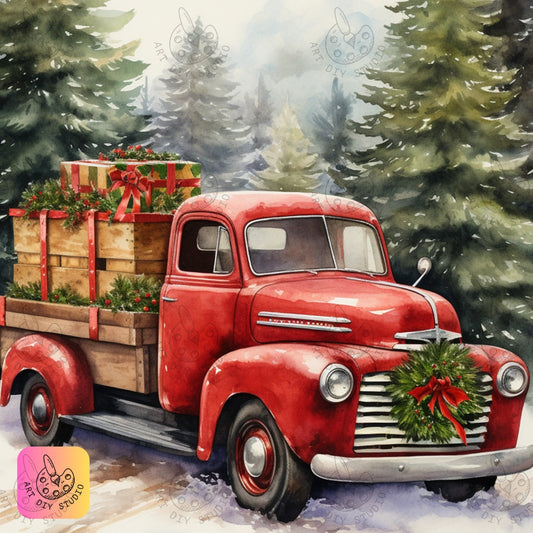 DIY Vintage Red Truck Christmas Diamond Painting Kit Product Image Artdiystudio.com