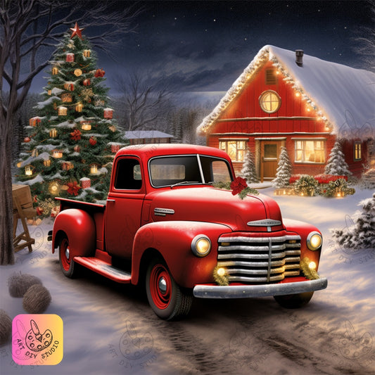 DIY Vintage Red Truck Christmas Diamond Painting Kit Product Image Artdiystudio.com
