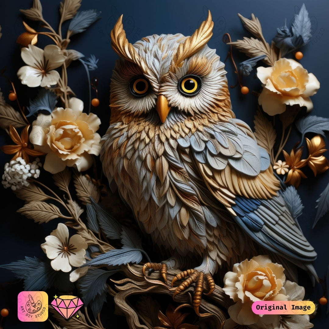 Artdiystudio Golden Bloom Owl Diy Diamond Painting Kit A Luxurious Nature Masterpiece