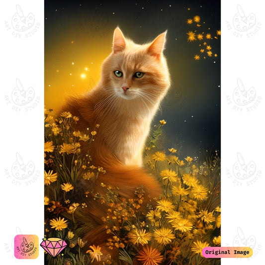 Artdiystudio Golden Paws In Bloom Diy Diamond Painting Kit A Feline Dream Amidst Blossoms