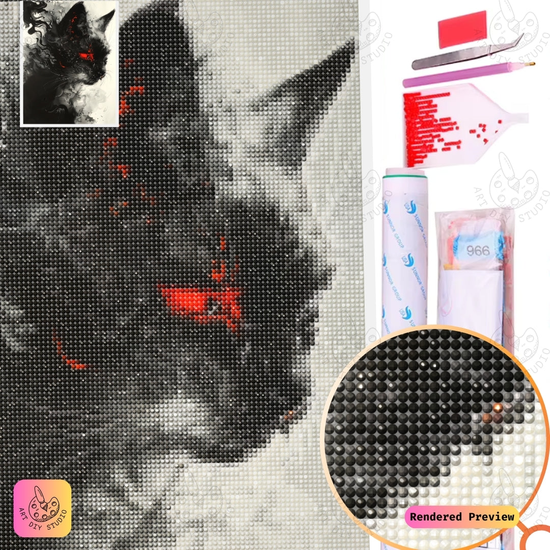 Artdiystudio Inferno Eyes Diy Diamond Painting Kit A Fiery Feline In The Mist 5