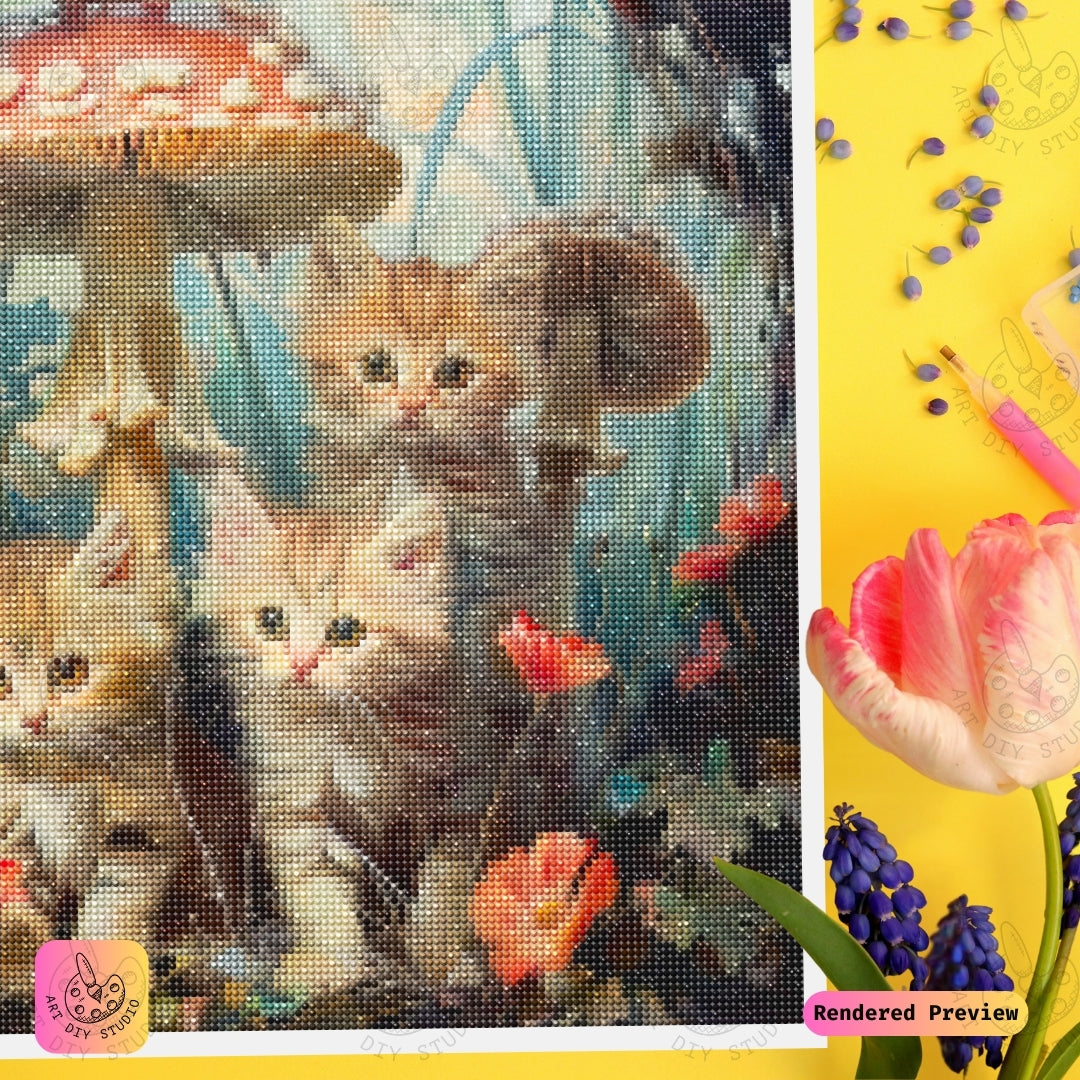 Artdiystudio Kittens In Mushroom Hollow Diy Diamond Painting Kit A Playful Woodland Adventure 3