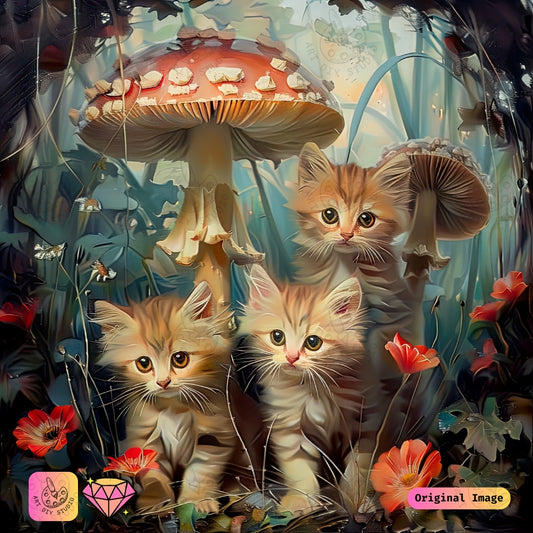 Artdiystudio Kittens In Mushroom Hollow Diy Diamond Painting Kit A Playful Woodland Adventure