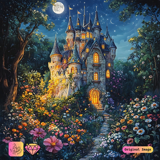 Artdiystudio Moonlit Castle Path Diy Diamond Painting Kit A Whimsical Journey Through A Magical Garden