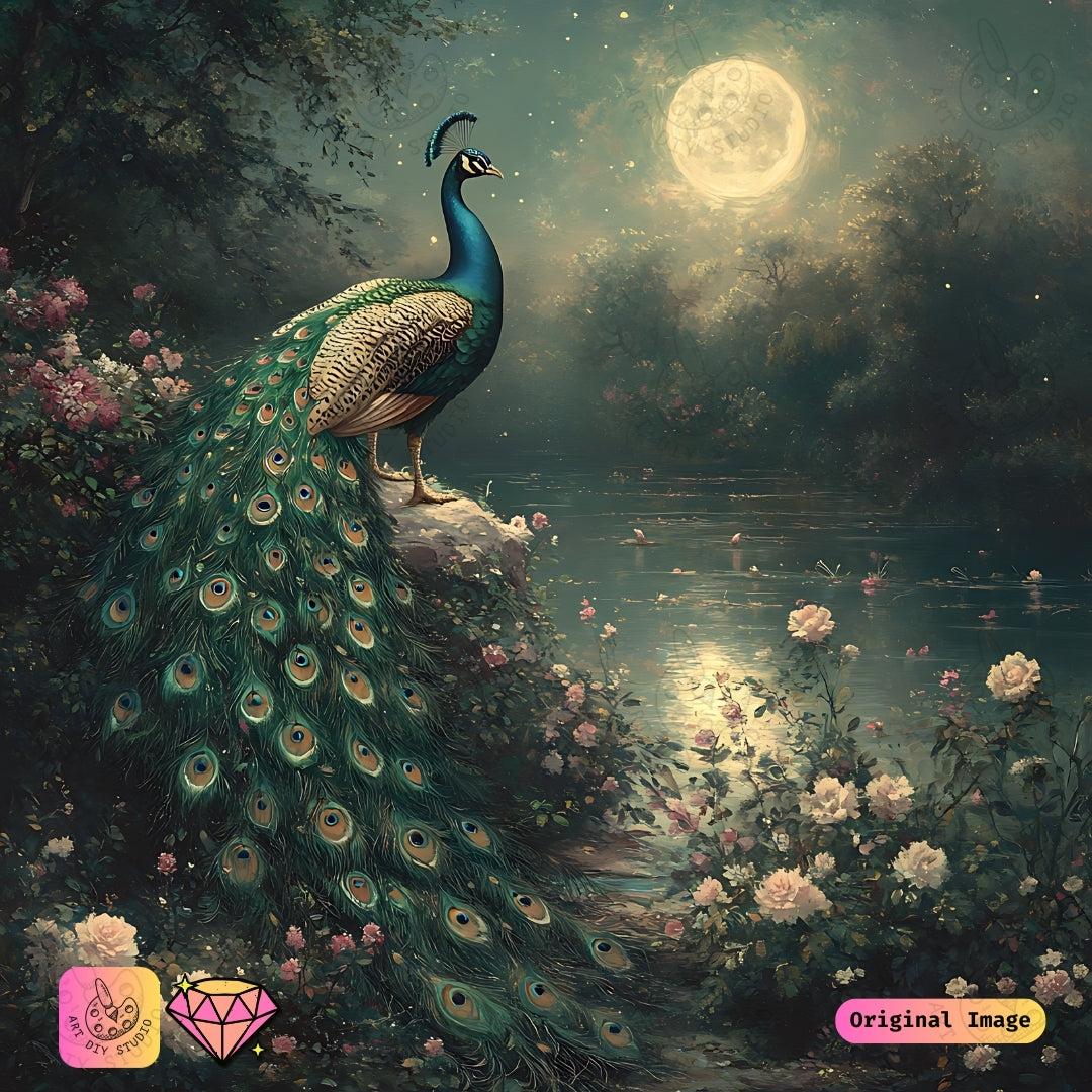 Artdiystudio Moonlit Peacock Serenity Diy Diamond Painting Kit Create A Magical Night Of Beauty 6
