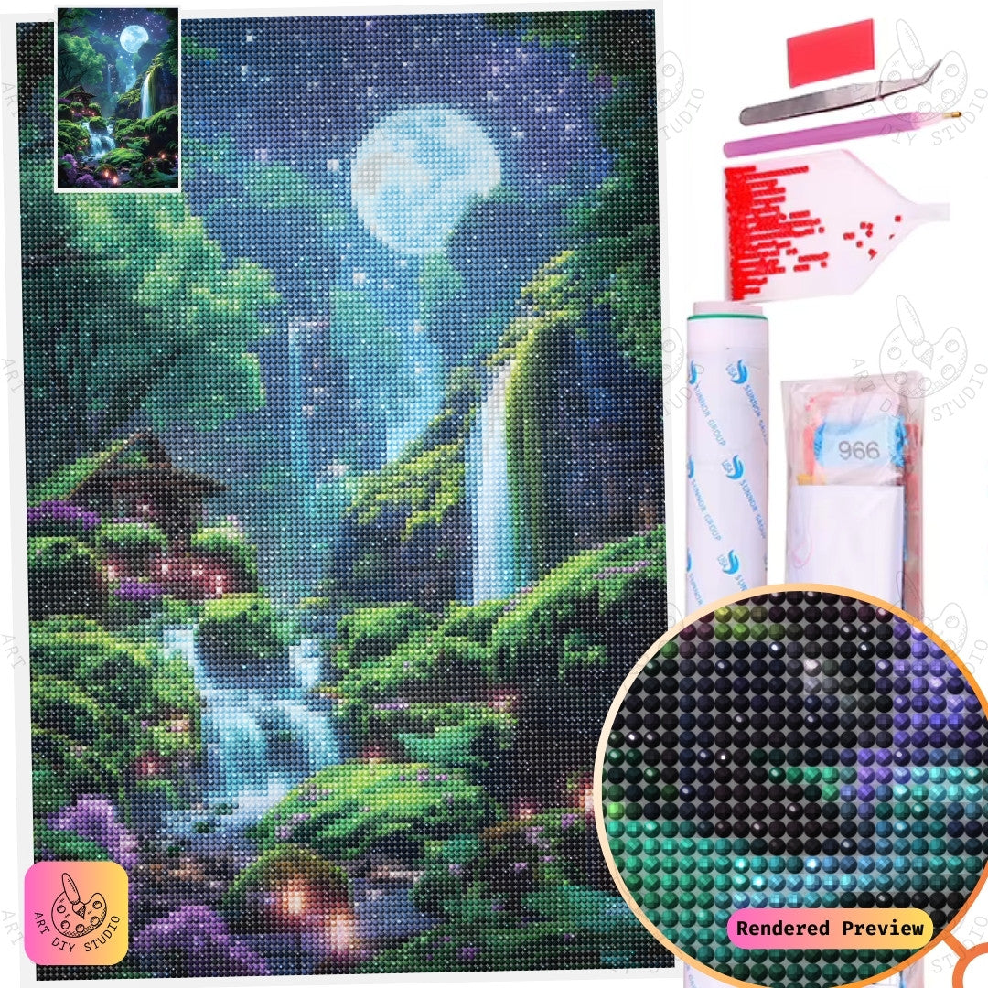 Artdiystudio Moonlit Waterfall Haven Diy Diamond Painting Kit A Mystical Escape Into Nature 5