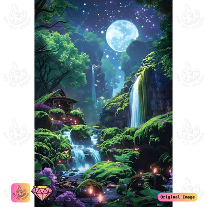 Artdiystudio Moonlit Waterfall Haven Diy Diamond Painting Kit A Mystical Escape Into Nature