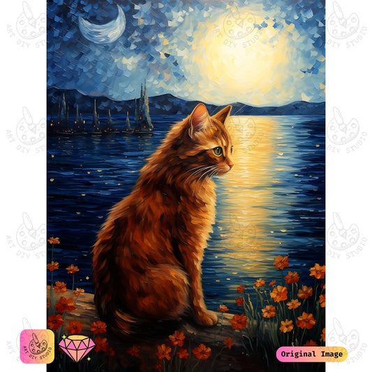 Artdiystudio Moonlit Whiskers Diy Diamond Painting Kit A Feline Night By The Sea