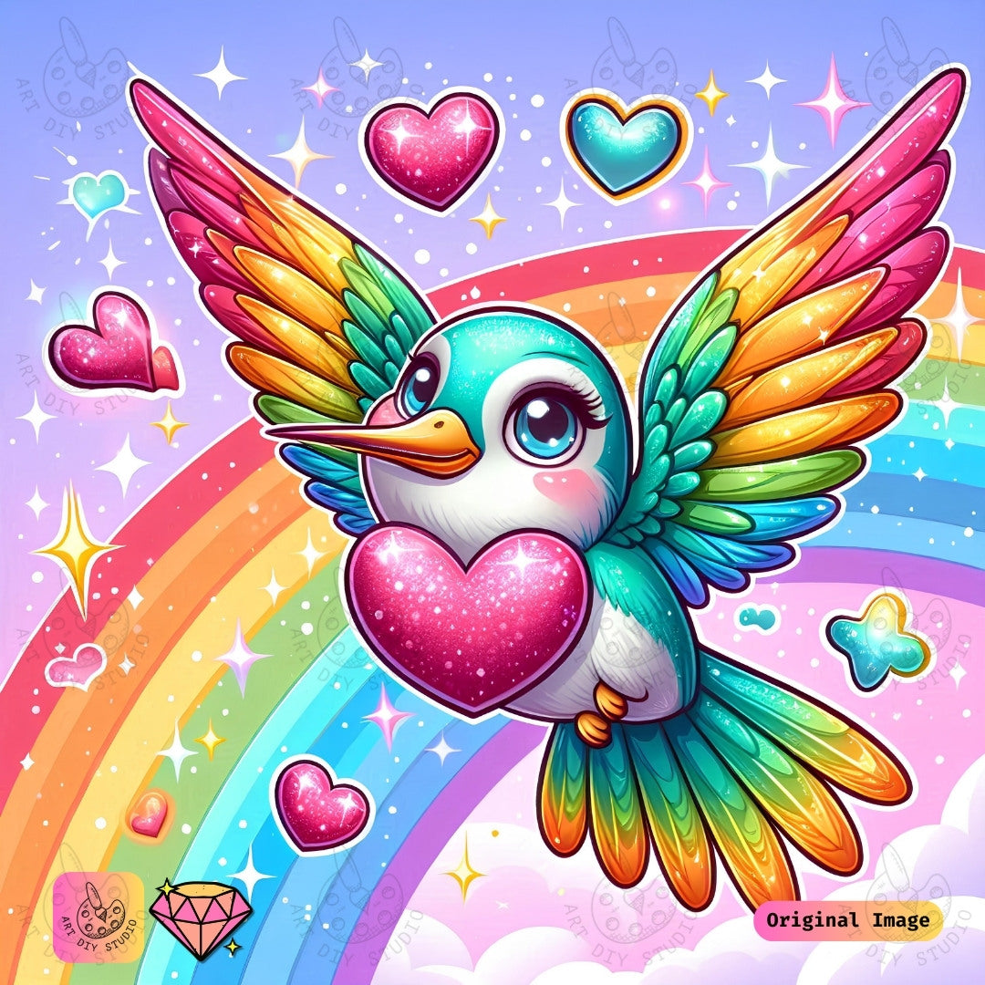 Artdiystudio Rainbow Heart Hummingbird Diy Diamond Painting Kit A Burst Of Color And Love