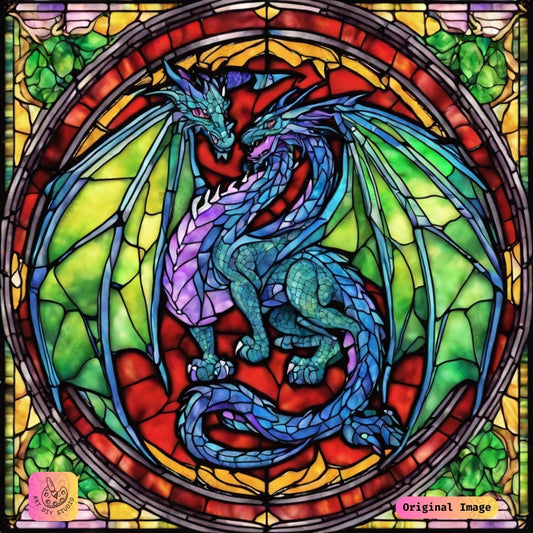 Artdiystudio Stained Glass Dragons Harmony Diy Diamond Painting Kit Enchanting Fantasy Art