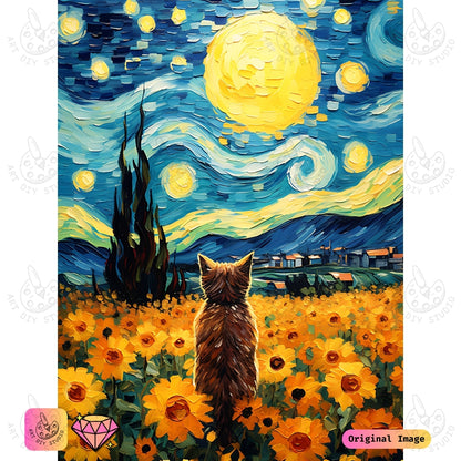 Artdiystudio Starry Paws In Bloom Diy Diamond Painting Kit A Feline Dream Amidst Sunflowers