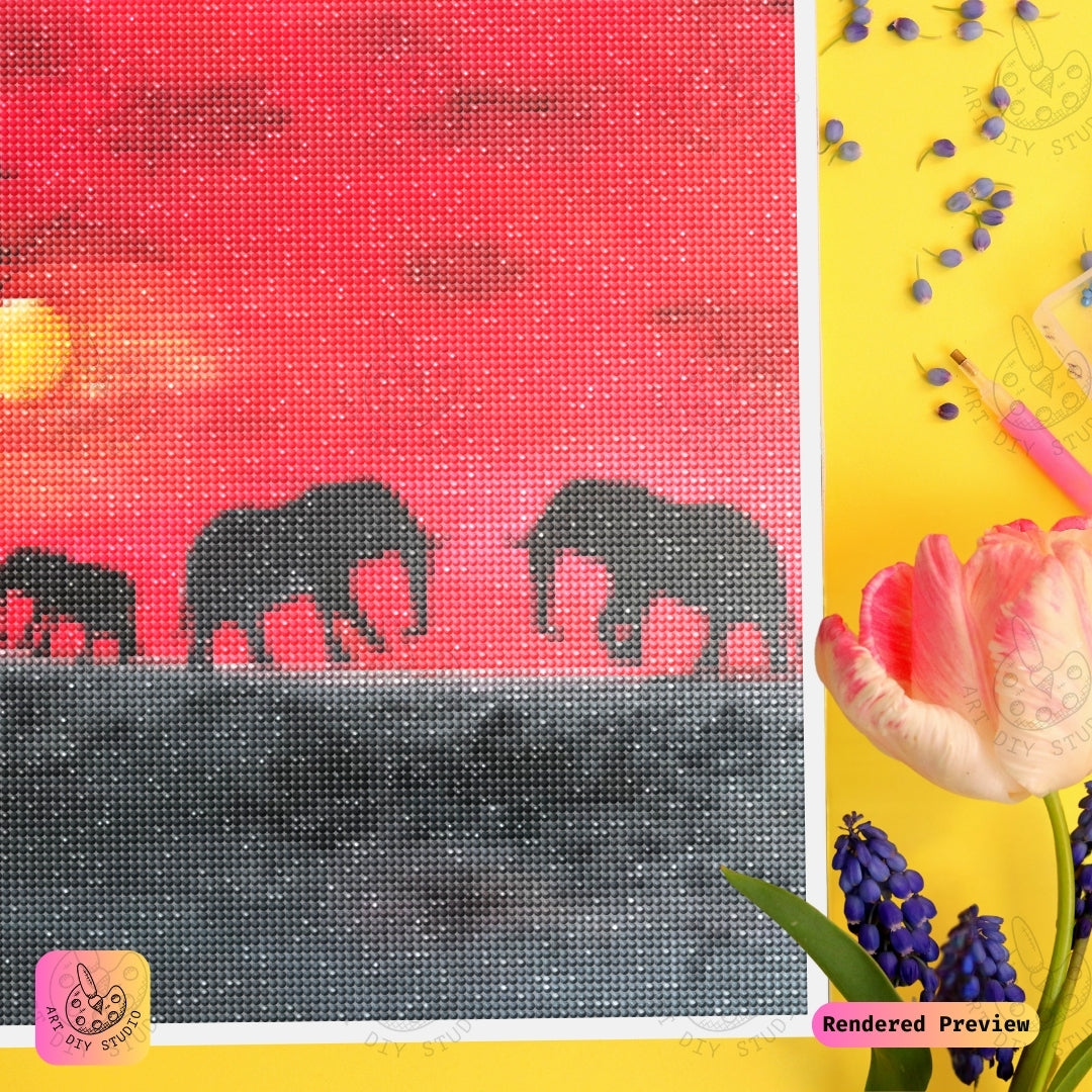 Artdiystudio Sunset Serenade Elephants Diy Diamond Painting Kit A Tranquil Elegance In Art 3