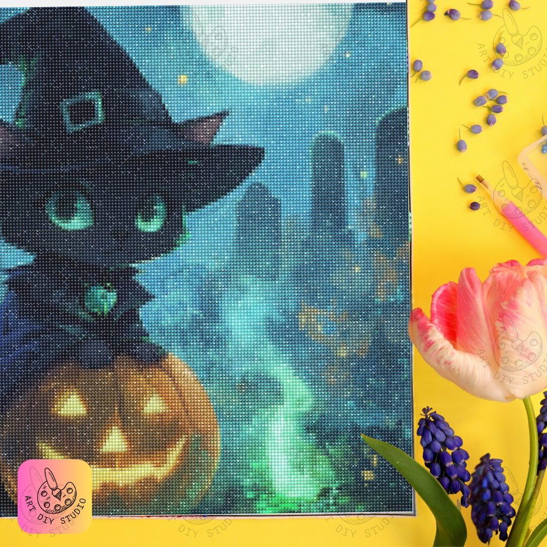 Artdiystudio Witchy Cat Pumpkin Glow Diy Diamond Painting Kit Craft Your Magical Halloween 6