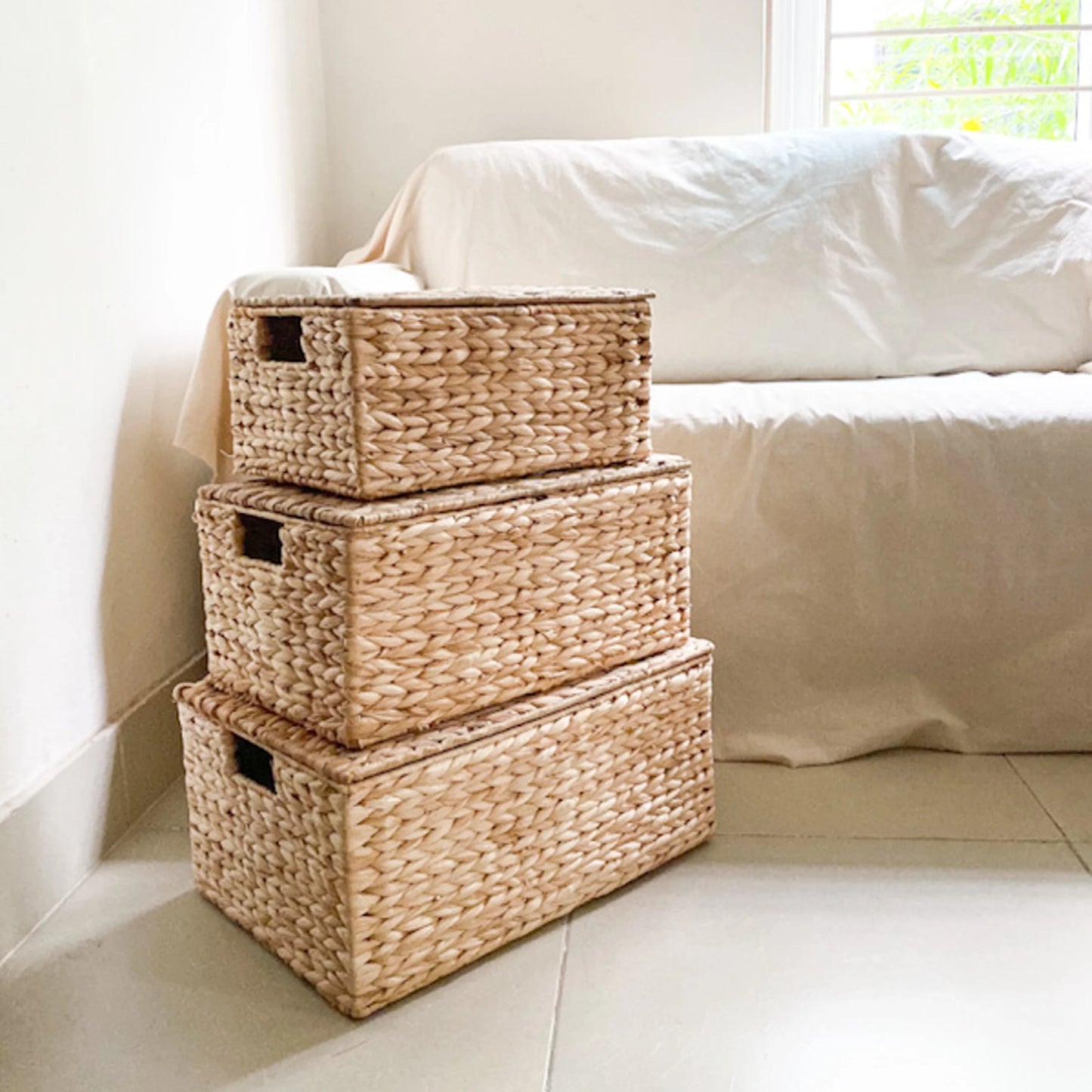 Handwoven Water Hyacinth Storage Basket – Rectangle with Handles (Set of 3 Sizes)